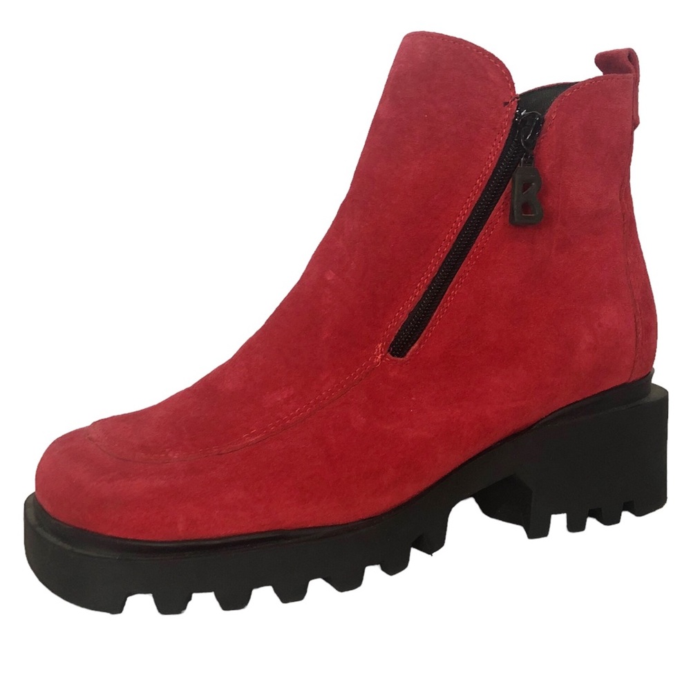 BOGNER Red Suede Leather Lugged Platform Heel Combat Boots